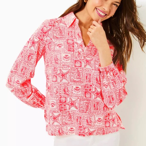 Lilly Pulitzer Mizner Red Seaside Harbor Patterned Tunic Long Sleeve Top Small - Picture 1 of 7